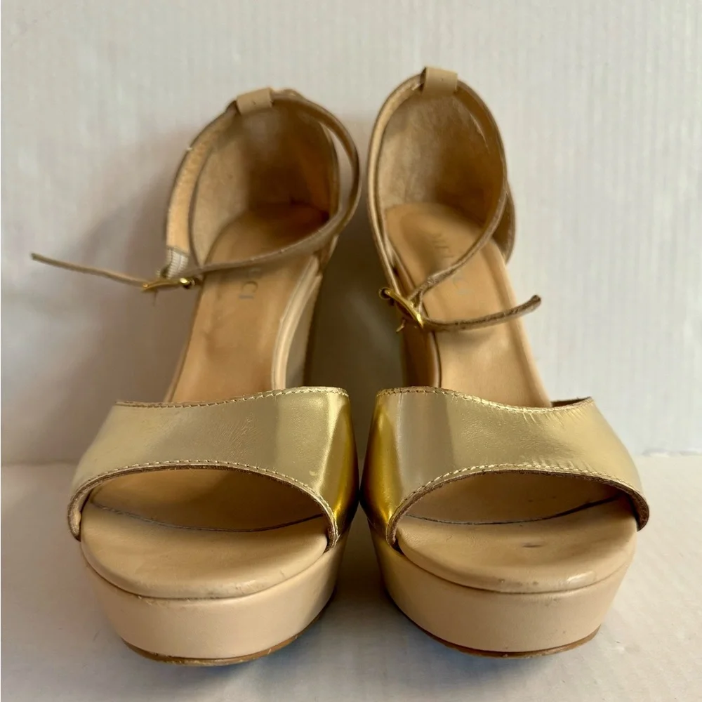 Gold Italian Sesto Meucci Glam platform ankle strap leather heels.Size 9
